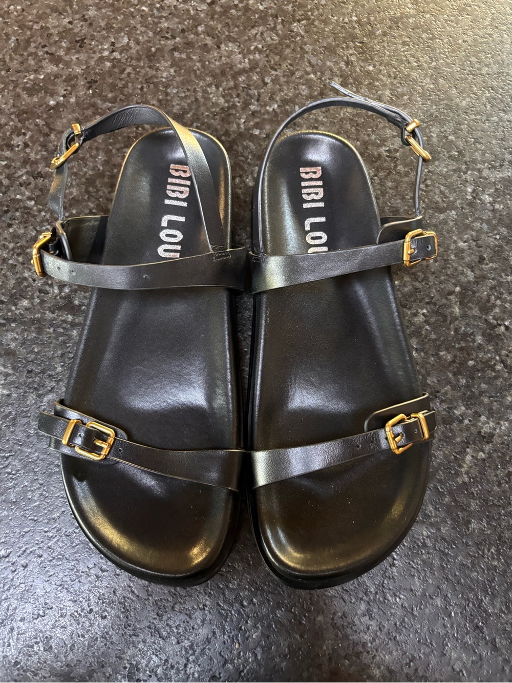 NEW Anthropologie Bibi Lou Black Leather Strap Sandals with Gold Buckles